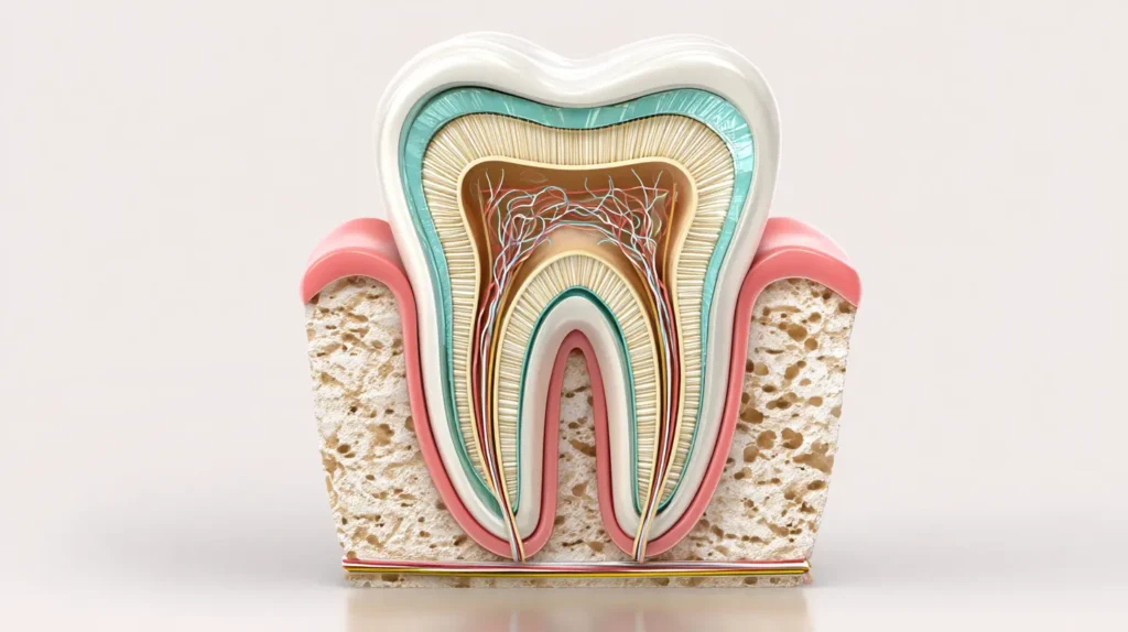 Danties pjūvio iliustracija su matomais šaknų kanalais