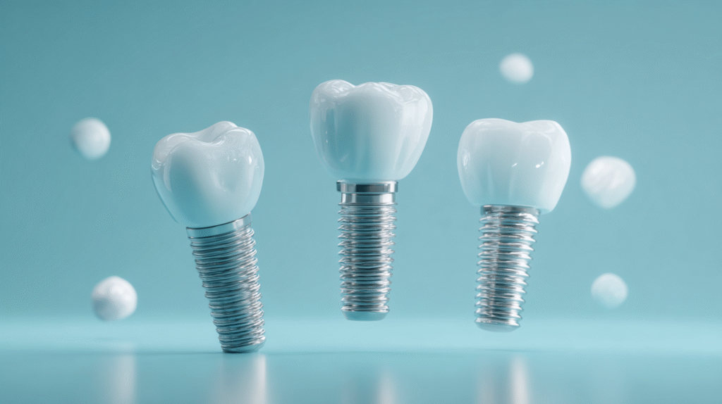 Dantų implanto konstrukcijos trijų dalių schema