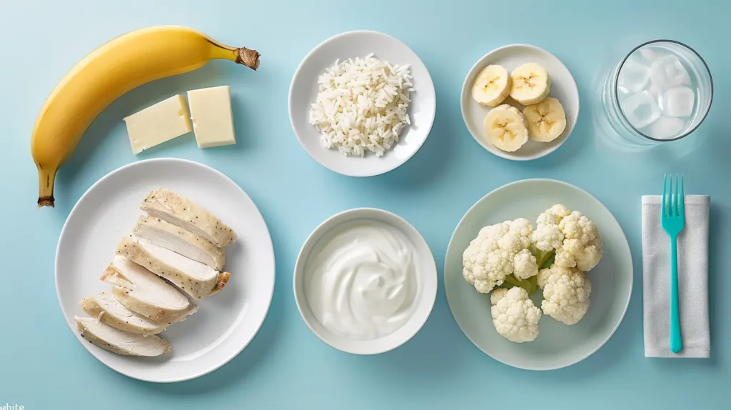 Šviesūs produktai „baltai dietai“ po dantų balinimo: ryžiai, vištiena, jogurtas, vanduo.