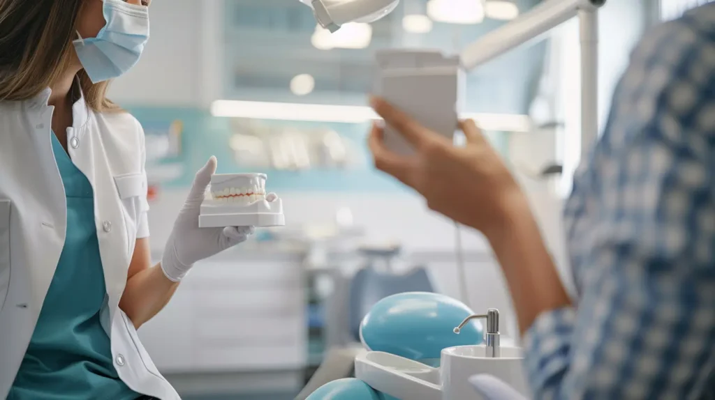 Burnos higienistas rodo dantų modelį ir paaiškina, kur kaupiasi dantų akmenys, šviesi klinikos aplinka.