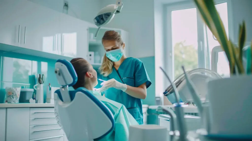 Burnos higienistas klinikoje atlieka dantų akmenų šalinimą, moderni ir švari aplinka.
