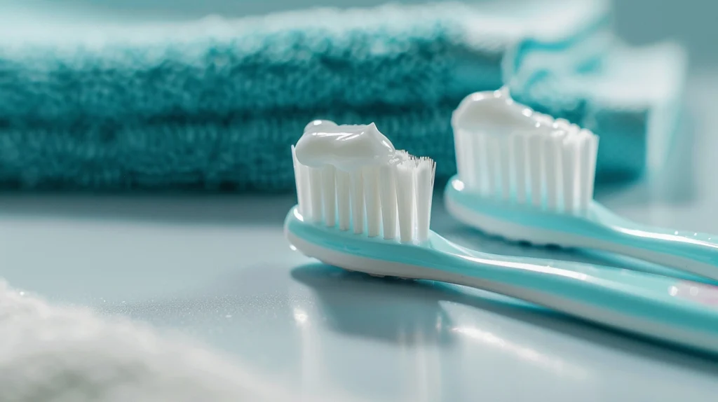 Du vaikiški dantų šepetėliai su pastos kiekiu: „ryžio grūdelis“ ir „žirnis“ 