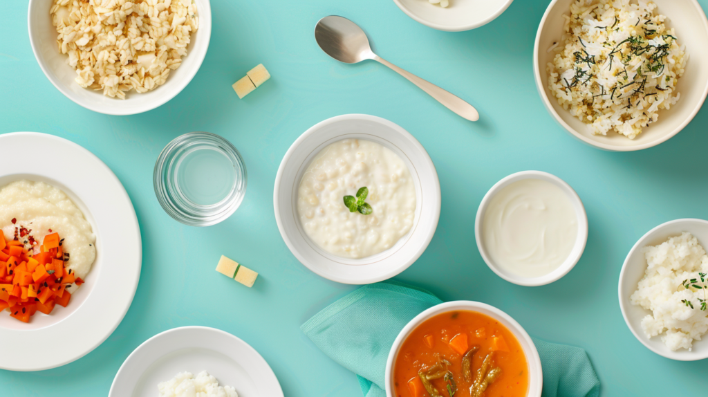 Minkšto maisto pasirinkimai po protinio danties rovimo: košė, jogurtas, trinta sriuba, ryžiai ir vanduo