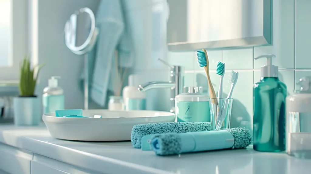 Kasdienės burnos priežiūros priemonės: šepetėlis, siūlas ir tarpdančių šepetėliai švarioje vonioje.