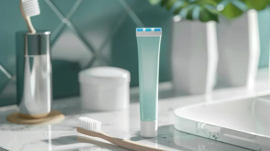 Švelni priežiūra po balinimo: minkštas šepetėlis ir jautrumui skirta dantų pasta (be prekės ženklo).
