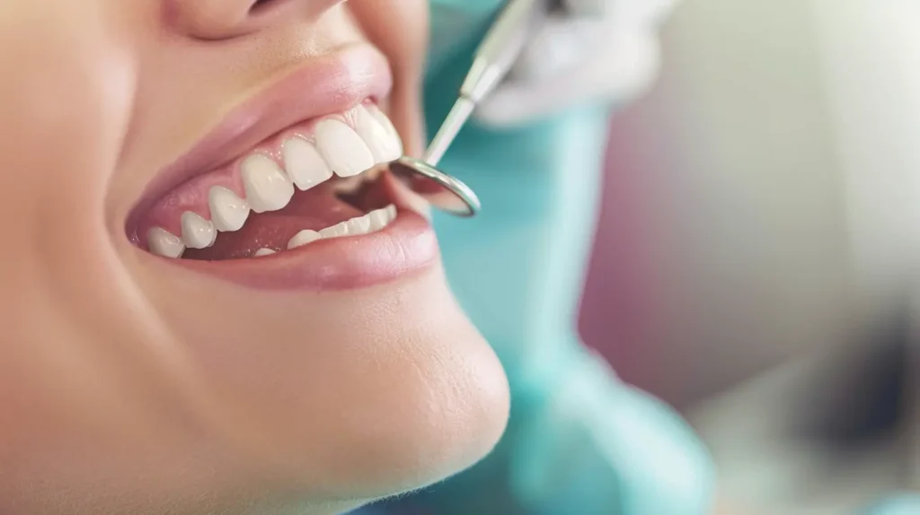 Švari šypsena po profesionalios burnos higienos, moderni klinikos aplinka su turkio akcentais