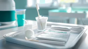 Po danties rovimo priežiūros priemonės ant švaraus klinikos padėklo (marlė, šaltas kompresas, instrukcija be teksto).