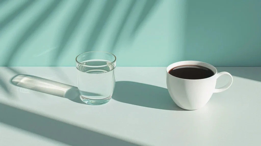 Kavos puodelis šalia stiklinės vandens – priminimas, ką riboti pirmomis valandomis po higienos.