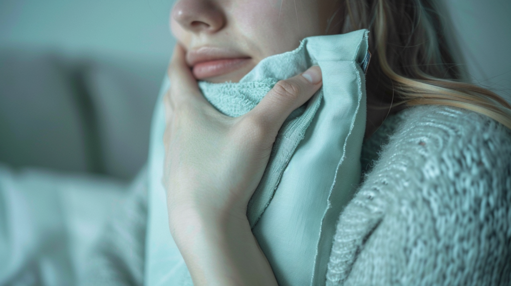 Šaltas kompresas prie žando po danties rovimo – patinimo mažinimo priemonė.
