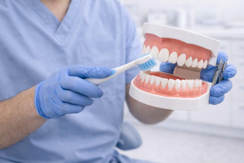 Burnos higienisto parodyta dantų valymo technika su dantų modeliu.