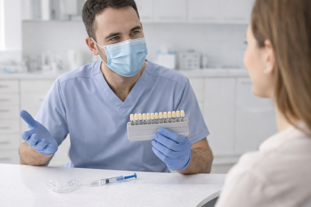 Konsultacija dėl dantų balinimo – individualios kapos ir balinimo gelio pavyzdys.