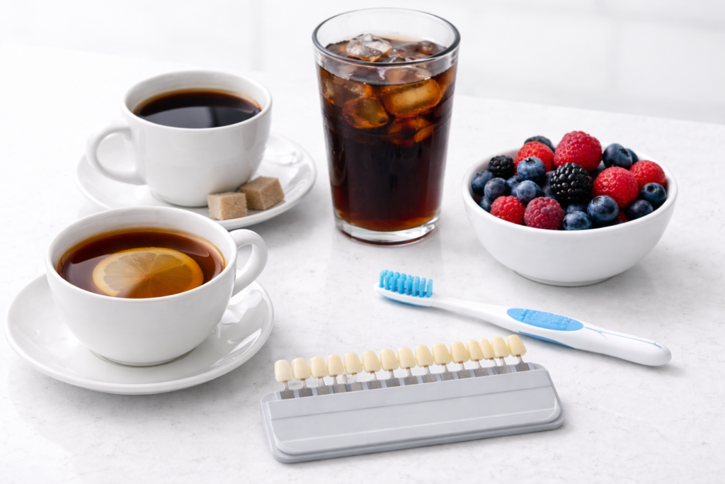 Kava, arbata ir kiti pigmentuoti produktai, kurie dažniau dažo dantų paviršių.