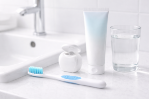 Kasdienės priemonės karieso prevencijai: šepetėlis, siūlas, fluoridinė pasta ir vanduo.